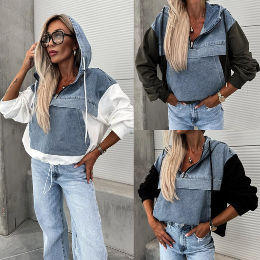 Women's Layered Hoodie Denim Jacket with Drawstring 🔥 Free Shipping🔥