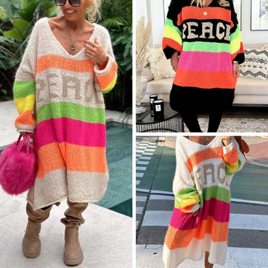 Now enjoy 50% discount🔥Color Block V-Neck Letter Print Sweater Dress