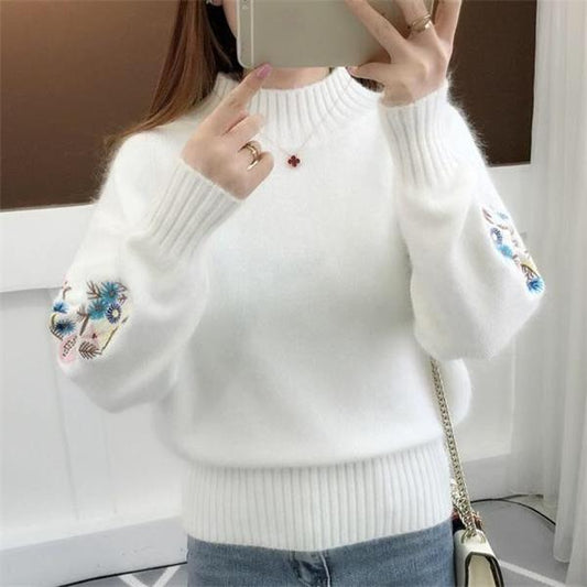 Women’s White Thick Knit Half High Neck Sweater – Sweet Short Pullover ❄️✨